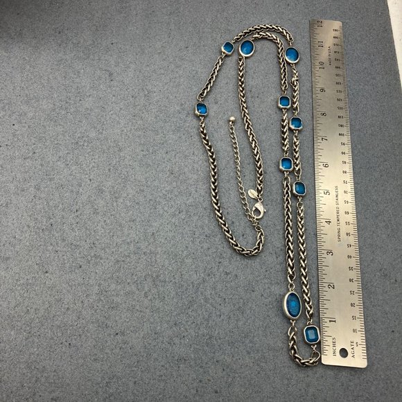 Chicos Long Necklace As Is Silver Chain Teal Blue Faceted Bezel Bead Retro BoHo - Picture 10 of 12